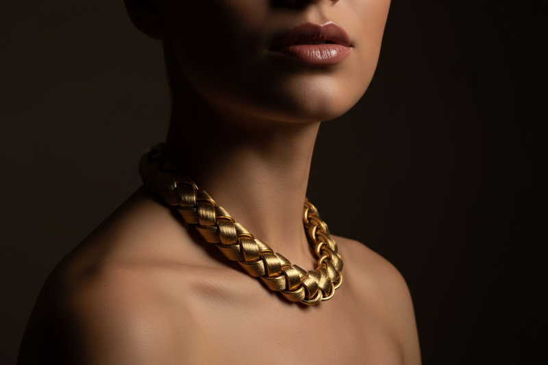 Cinematic close-up of a woman’s neck and collarbone wearing a bold 18K gold-plated stainless steel necklace with intricate texture. The lighting is moody and luxurious with soft golden highlights and deep shadows. Background is deep brown-black gradient to accentuate the gold shine. The woman’s lips are glossy pink and slightly parted, giving an editorial feel. Style: luxury jewelry campaign, minimalist composition, focus on texture and glow.