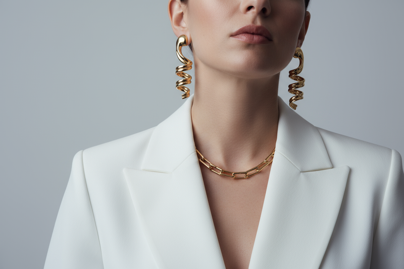 Create a refined jewelry editorial image for a collection named “Office Edit.”
Show a professional woman in a white blazer wearing statement gold earrings and a sleek gold chain necklace.
The background should be soft gray or light neutral.
Lighting should be soft and flattering with a slightly cool tone to reflect confidence and power.
Keep the style clean, elegant, and empowering, focusing on the jewelry and outfit neckline.
No text or logos. Should have lower face only.
