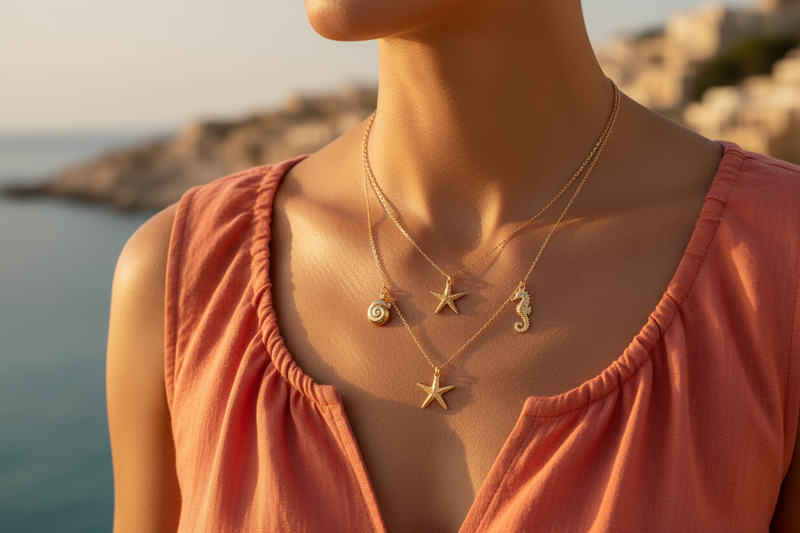 Create a refined, travel-inspired jewelry image for a collection named “Solferia” with the tagline “Travels With You.”
Show a woman wearing a gold charm necklace with small sea motifs (shells, starfish, seahorse, etc.) over a warm coral or terracotta outfit.
Lighting should feel golden and sunlit — evoking summer vacations.
The focus should be on the jewelry and neckline, cropped above the chest.
Keep the style editorial, warm, and modern-luxury, without any text.