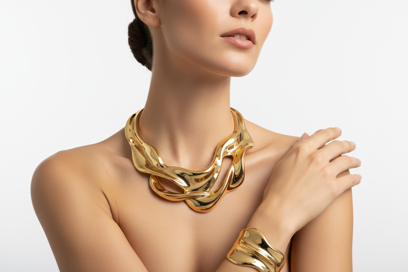 Generate a modern luxury jewelry image for a collection called “Signature.”
Show a close-up of a woman wearing a bold sculptural gold necklace and matching cuff bracelet against a clean, minimalist white background.
The lighting should be bright and diffused to highlight the smooth metallic curves and glossy texture.
The overall tone should be sophisticated, timeless, and fashion-forward — reminiscent of high-end designer campaigns.