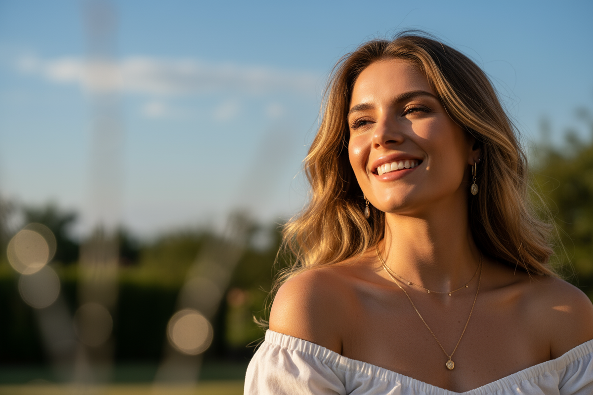 Generate a right-aligned lifestyle image section designed for a luxury jewelry brand campaign.

🎯 Visual Goal

Bright, natural photo of a smiling woman wearing elegant gold jewelry (necklace and earrings).

Warm, sunlit outdoor setting — blue sky and golden-hour tones.

The model should appear carefree and confident, evoking the spirit of summer and joyful sophistication.

The background should be softly blurred, with the model clearly in focus.

Lighting should feel sun-drenched and natural, matching a hi