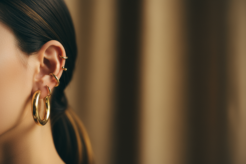 zoom on the earrings. earrings should be placed towards left or right of the image and not center. add small earcuffs